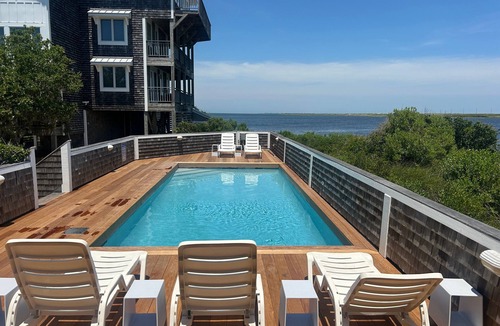 Buxton House | Waterfront house with private hot tub, pool, sound view, & AC - walk to dining