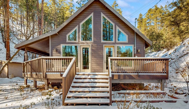 Modern mountain cabin with forested views, play loft & deck - dog-friendly