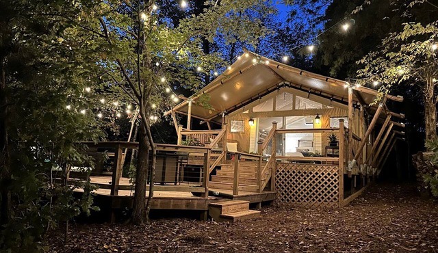North Carolina Escape in this Fully-Equipped Safari Tent with Lake Access, Hot-Tub and Fire Pit