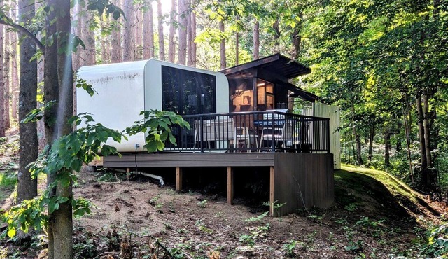 Secluded Modern Tiny House with Wood-Fired Hot Tub Near Trails in Sears, Michigan